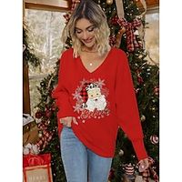 Women's Pullover Sweater Jumper Christmas Sweaters V Neck Ribbed Knit Polyester Print Knitted Fall Winter Regular Outdoor Christmas Holiday Daily Stylish Casual Long Sleeve Santa Claus Black Wine Lightinthebox - thumbnail