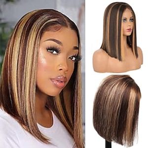 Short Straight Wig Mixed Brown and Blonde Color Bob Wigs for Women Highlight Fashion Wig Synthetic Heat Resistant Natural Looking Wigs for Daily Party Use Lightinthebox