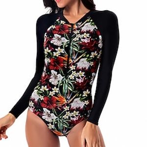 Women's One Piece Swimsuit Rash Guard Spandex Swimwear Bathing Suit UV Sun Protection UPF50 Quick Dry Stretchy Long Sleeve Front Zip - Swimming Surfing Beach Water Sports Floral / Botanical Summer miniinthebox