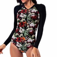 Women's One Piece Swimsuit Rash Guard Spandex Swimwear Bathing Suit UV Sun Protection UPF50 Quick Dry Stretchy Long Sleeve Front Zip - Swimming Surfing Beach Water Sports Floral / Botanical Summer miniinthebox - thumbnail