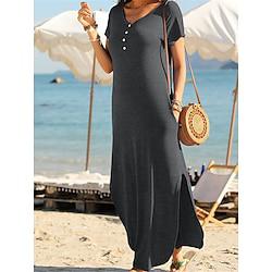 Women's Casual Dress Summer Dress Plain Dress Maxi Dress Button Pocket Streetwear Basic V Neck Short Sleeve Black White Wine Color Lightinthebox