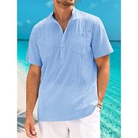 Men's Shirt Linen Shirt Guayabera Shirt Popover Shirt Summer Shirt Beach Shirt Blue Short Sleeve Plain Band Collar Spring Summer Casual Daily Clothing Apparel Lightinthebox