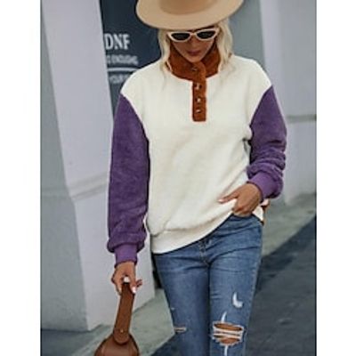 Women's Hoodie Button Color Block Basic V Neck Thick Winter White Lightinthebox