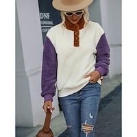 Women's Hoodie Button Color Block Basic V Neck Thick Winter White Lightinthebox - thumbnail