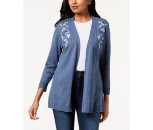 Flower-Embroidered Open-Front Cardigan  Blue Combo