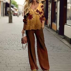 Women's T shirt Tee Pants Sets Leaves Yellow Purple Green Print Long Sleeve Outdoor Casual Sports Daily V Neck Regular Fit Spring   Fall Lightinthebox