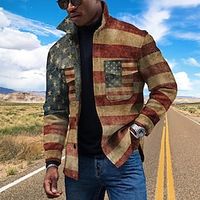 Men's Coat With Pockets Daily Wear Vacation Going out Single Breasted Turndown Streetwear Casual Daily Outdoor Jacket Outerwear National Flag Pocket Print Dark Red  Long Sleeve Lightinthebox - thumbnail