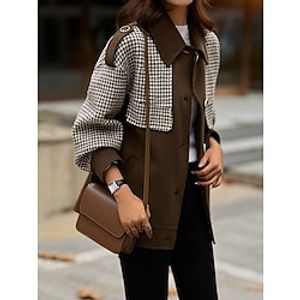 Women's Winter Coat Houndstooth Casual Jacket Fall Winter Single Breasted Plaid Coat Shacket Jacket Thermal Warm Windproof Casual Daily Street Jacket Long Sleeve Color Block Lightinthebox