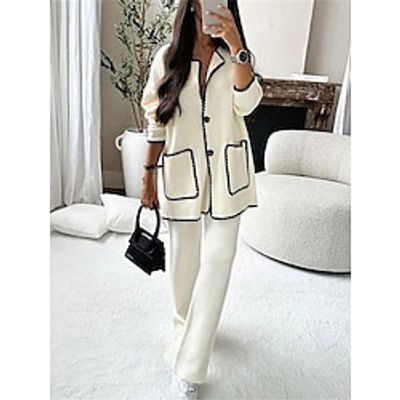 Women's Embroidered Jacket Outfit Winter Crocheted Edges Jacket  Pant Fall Cream Set with Patch Pockets Fall Loose Fit Outerwear with Tassels Single Breasted Lightinthebox