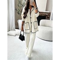 Women's Embroidered Jacket Outfit Winter Crocheted Edges Jacket  Pant Fall Cream Set with Patch Pockets Fall Loose Fit Outerwear with Tassels Single Breasted Lightinthebox - thumbnail