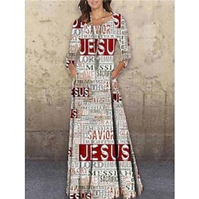 Women's Long Dress Maxi Dress Casual Dress A Line Dress Print Dress Letter Jesus Streetwear Casual Outdoor Daily Weekend Pocket Print 34 Length Sleeve Boat Neck Dress Regular Fit Black White Yellow Lightinthebox