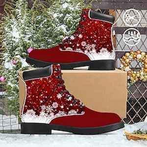 Women's Boots Print Shoes Xmas Shoes Combat Boots Christmas Daily Winter Flat Heel Round Toe Closed Toe Fashion Casual Faux Leather Lace-up Plaid Red miniinthebox