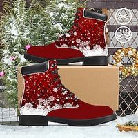 Women's Boots Print Shoes Xmas Shoes Combat Boots Christmas Daily Winter Flat Heel Round Toe Closed Toe Fashion Casual Faux Leather Lace-up Plaid Red miniinthebox - thumbnail