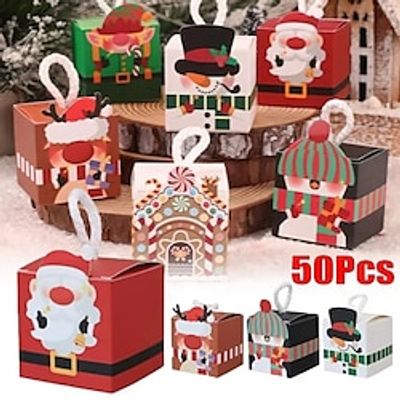 50Pcs Christmas Candy Boxes Xmas Gift Boxes Christmas Cake Boxes Kraft Paper Party Favour Gift Boxes With Handle Xmas Cupcake Sweets Carrier Bags Boxes with Snowman Reindeer Christmas Tree Pattern Lightinthebox