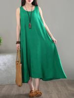 O-NEWE Casual Solid Embossing Sleeveless O-Neck Dress For Women