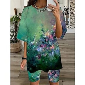 Women's Loungewear Sets Flower Fashion Comfort Home Daily Bed Polyester Crew Neck Half Sleeve T shirt Tee Shorts Spring Summer Green Lightinthebox