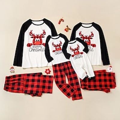Family Look Christmas Pajamas Plaid Letter Deer Home White Long Sleeve Basic Matching Outfits miniinthebox