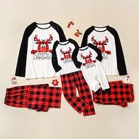 Family Look Christmas Pajamas Plaid Letter Deer Home White Long Sleeve Basic Matching Outfits miniinthebox - thumbnail