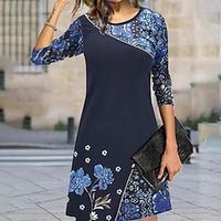 Women's Dark Blue Light Blue Long Sleeve Floral Print Winter Fall Autumn Crew Neck Modern Winter Dress Weekend Fall Dress S M L XL XXL 3XL Lightinthebox - thumbnail