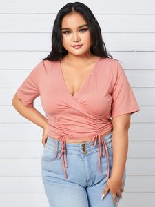 YOINS Plus Size Deep V Neck Drawstring Knit Short Sleeves Blouse