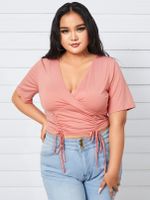 YOINS Plus Size Deep V Neck Drawstring Knit Short Sleeves Blouse - thumbnail