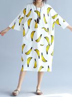 Banana Printed Loose O-Neck Half Sleeve Women Casual Dresses
