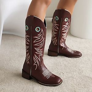 Women's Boots Cowboy Boots Plus Size Party Daily Knee High Boots Winter Embroidery Block Heel Square Toe Bohemia PU Loafer Embroidered Brown Lightinthebox