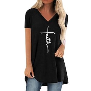 Women's Tunic Shirts T shirt Tee Tunic Green Khaki Red Text Short Sleeve Daily Weekend Basic V Neck Long Painting S Lightinthebox