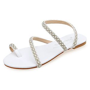 Women's Sandals Flat Heel Daily Faux Leather Imitation Pearl Solid Colored White Brown miniinthebox