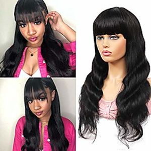 12 inch short body wave human hair wig with bangs 130% density none lace front glueless wavy wig with bangs human hair full machine made virgin hair wig with bangs for black women natural color miniinthebox