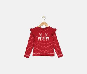 Toddler Girls Ruffled Reindeer Sweater  Red