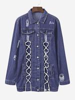 Hole Bandage Lapel Denim Jacket - thumbnail