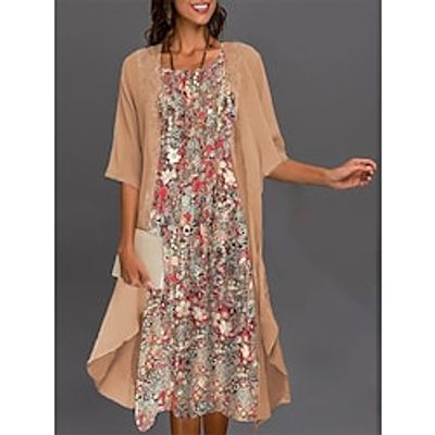 Women's Two Piece Dress Set Casual Dress Two Piece Dress Daily Vacation Fashion Elegant Print Midi Dress Crew Neck Half Sleeve Floral Regular Fit Khaki Summer Spring S M L XL XXL Lightinthebox