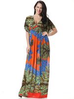 Bohemian Sexy Printed V-Neck Short Sleeve Beach Maxi Dress For Women