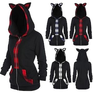 Punk Gothic Cat Hoodie Outerwear Zip Up Anime Front Pocket Cat Ear Outerwear For Women's Adults' Hot Stamping 100% Polyester miniinthebox