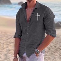 Cross Faith Casual Men's Shirt Linen Shirt Outdoor Daily Vacation Spring   Fall Lapel Long Sleeve Black, White, Pink S, M, L Polyester Shirt Lightinthebox - thumbnail