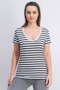 Womens Striped V-Neck Top  White/Navy