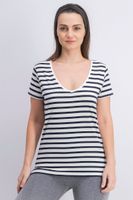 Womens Striped V-Neck Top  White/Navy - thumbnail