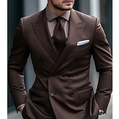 Coffee Men's Wedding Suits 2 Piece Solid Colored Tailored Fit Double Breasted Six-buttons 2023 Lightinthebox