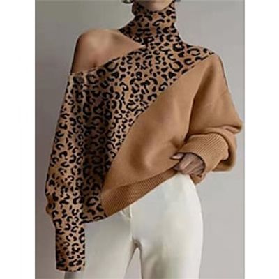 Women's Turtleneck Leopard Clock Block Pullover Sweater Jumper Ribbed Acrylic Knitted Cold Shoulder Fall Winter Regular Outdoor Daily Going out Streetwear Stylish Casual Long Sleeve Black Brown S M L miniinthebox