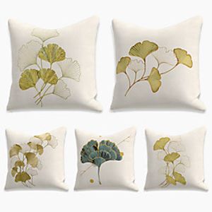 Double Side Cushion Cover 5PC Faux Linen Soft Decorative Square  Pillowcase for Sofa Bedroom 45 x 45 cm (18 x 18 Inch) Superior Quality Print Ginkgo Biloba for Patio Garden Farmhouse Bench Couch miniinthebox