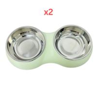Double Dining Pet Feedrer With Stainless Steel Bowl & Non Slip Rubber Bottom - Green 33X17.6X5Cm