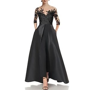 Jumpsuits Mother of the Bride Dress Wedding Guest Elegant Party Jewel Neck Floor Length Satin 34 Length Sleeve with Appliques Solid Color 2024 Lightinthebox