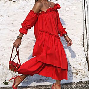 Women's Swing Dress Maxi long Dress Black Red Long Sleeve Solid Color Ruffle Fall Off Shoulder Casual 2021 S M L XL miniinthebox