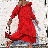 Women's Swing Dress Maxi long Dress Black Red Long Sleeve Solid Color Ruffle Fall Off Shoulder Casual 2021 S M L XL miniinthebox - thumbnail