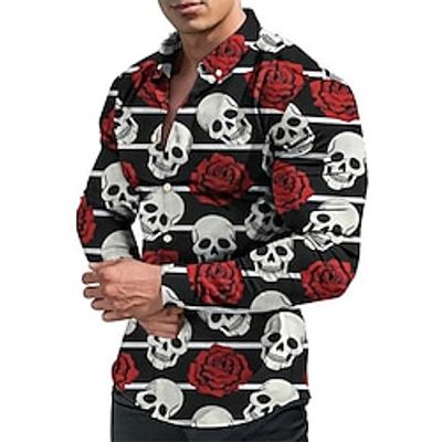 Men's Shirt Skull Rose Graphic Prints Turndown Black Outdoor Street Long Sleeve Button-Down Print Clothing Apparel Fashion Streetwear Designer Casual Lightinthebox