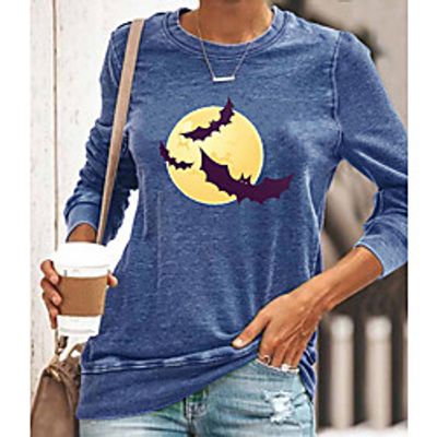 Women's Halloween Painting T shirt Graphic Long Sleeve Print Round Neck Basic Halloween Tops Cotton Blue Yellow Gray miniinthebox