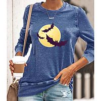 Women's Halloween Painting T shirt Graphic Long Sleeve Print Round Neck Basic Halloween Tops Cotton Blue Yellow Gray miniinthebox - thumbnail