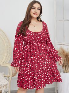 Plus Size Scoop Neck Polka Dot Backless Design Long Sleeves Midi Dress