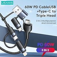 USAMS U62 PD 60W 3 In 2 Quick Charging Data Cable Type C Lightning Micro USB Cable For iPhone iPad MacBook Huawei Xiaomi Samsung miniinthebox